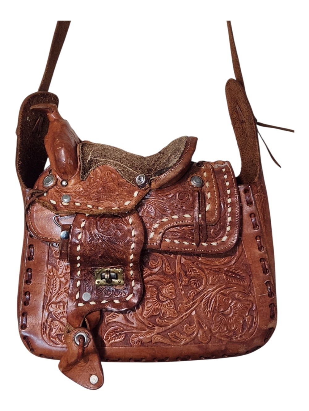 Vintage 70's Hand-Tooled Leather Horse Western Saddle Bag Cowgirl Mexico